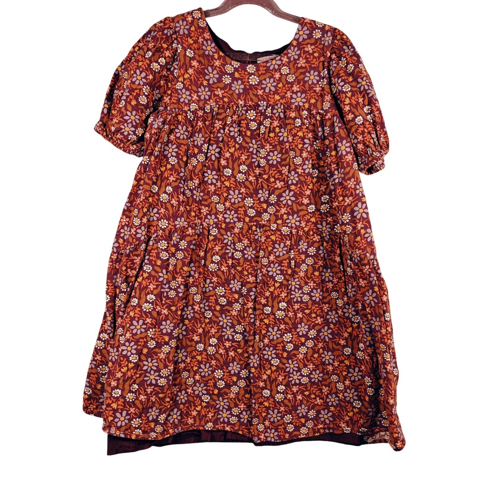 Cat & Jack Girls Floral Tiered Puff Sleeve Dress Burgundy Purple Orange 10/12